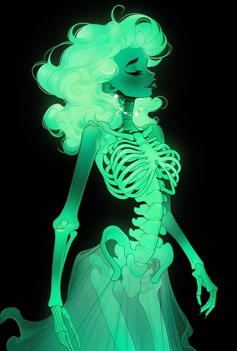 Ghost Lady Art, Ghost Lady Drawing, Skeleton And Lady Tattoo, Opal Eyes Drawing, Light Creature Fantasy Art, Glowing Character Design, Opal Character Design, Radioactive Character Design, Ghost Oc Design