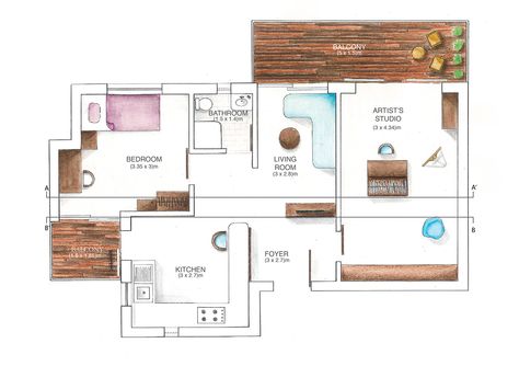 Floor Plan With Art Studio, Artist Studio Apartment, Studio Apartment Plan, Markers Drawing Architecture, Artist Home Studio, Studio Apartment Floor Plans, Studio Floor Plans, Painters Studio, Markers Drawing