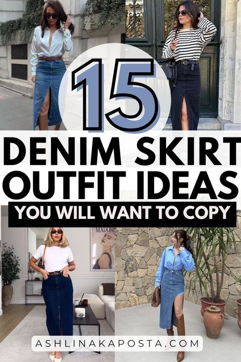 15+ simple denim skirt outfit ideas you will want to wear this Fall — ASHLINA KAPOSTA Denim Party Outfit For Women, Denim Skirt Going Out Outfit, Summer Fits With Jeans, Midi Denim Skirt Outfits, How To Wear Long Denim Skirt, Outfit Ideas Edgy Classy, Cute Dinner Outfits Summer Classy, Distressed Denim Skirt Outfit, Styling A Denim Skirt