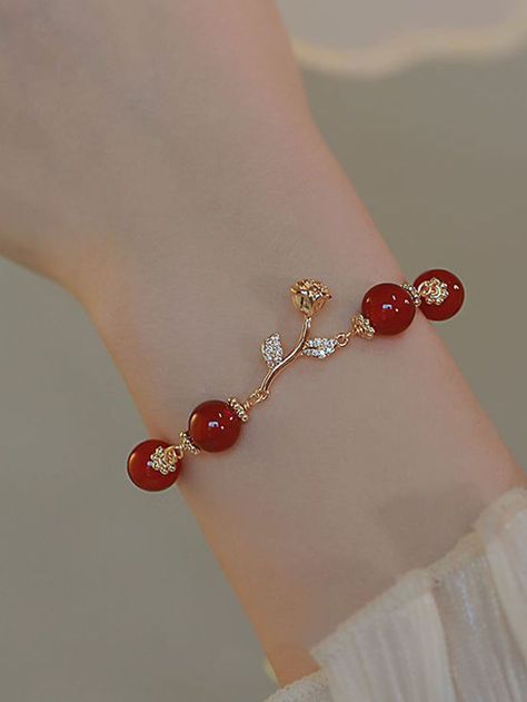 1pc Red Agate Beaded Rose Chain Bracelet | SHEIN Stylish Gold Bracelet For Women, Light Weight Gold Jewellery, Beaded Rose, Bangle Watches, Fairy Jewelry, Red Bracelets, Gold Bracelet For Women, Jewelry Lookbook, Red Colour