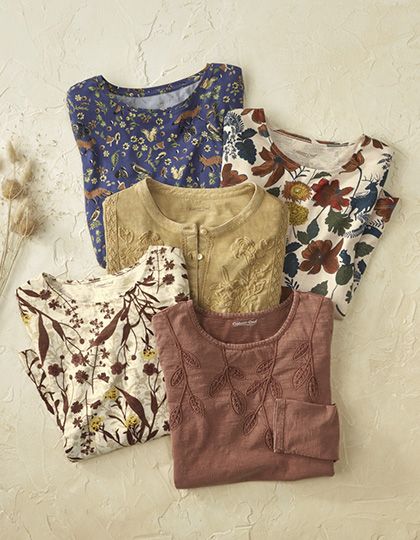 Coldwatercreek | Our Story Comfortable Stretch Slip-ons For Spring, Cold Water Creek Clothing Style, Rayon Tops With 3/4 Sleeves For Fall, Coldwater Creek Outfits Woman Clothing, Coldwater Creek Outfits, Bohemian Attire, Feminine Floral Print Tops With 3/4 Sleeve, Free Mail, Cotton Tunic Tops