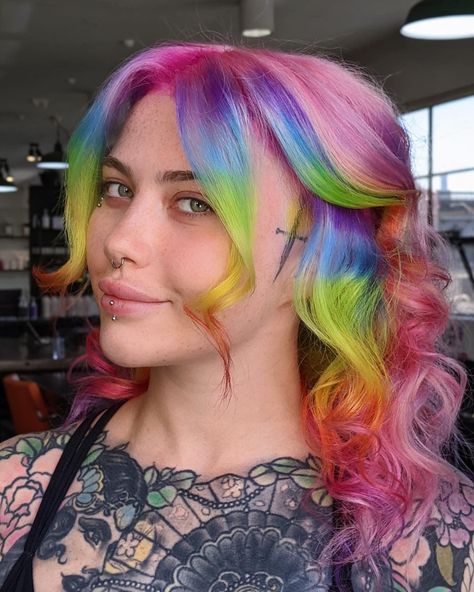 Neon Nights, Summer Lights: Electric Rainbow Hair for Summer Parties Split Hair Color Pink, Rainbow Bangs Fringes, Pink Hair With Rainbow Highlights, Rainbow Hair Front Pieces, Rainbow Pink Hair, Pink Hair Rainbow Highlights, Multi Coloured Hair Ideas, Rainbow Curtain Bangs, Rainbow Fringe Hair