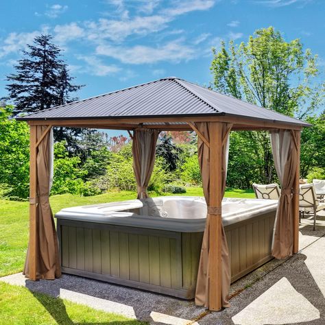 Aoodor 10'x 10' Gazebo Polycarbonate #Roof, Wooden Print Aluminum Frame with #Mosquito Netting and #Curtain for #Garden Patio. Diy Hot Tub Ideas, Hot Tub Enclosure Ideas, Hot Tub Shelters, Enclosed Gazebo, Backyard Spa, Granny Pods, Polycarbonate Roof, Gazebo Roof, Hot Tub Gazebo