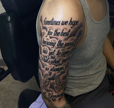 Inspirational quote men tattoo Upper Arm Quote Tattoo Men, Forgive My Sins Tattoo, Quotes Deep Meaningful Tattoo For Men, Best Tattoo Quotes Men, Bible Verse Tattoos For Men Shoulder, Rip Tattoo Ideas For Men, Mens Quote Tattoos, Rip Tattoos For Men Memories, Rest In Peace Tattoos For Men