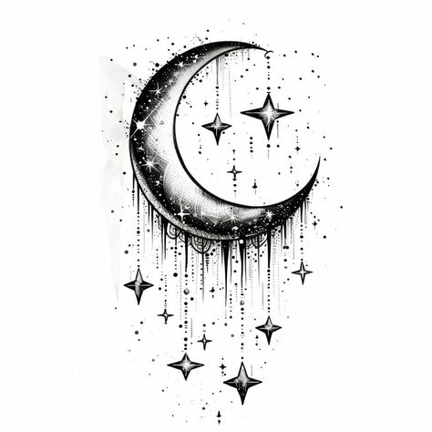 Moon and Stars Tattoo Design 2 Crescent Moon With Roses Tattoo, I’ll Follow You Into The Dark Tattoo, Moon And Stars Small Tattoo, Moon Raven Tattoo, Cute Moon Tattoos For Women, Cool Moon Designs, Star Related Tattoos, Feminine Star Tattoos, Tattoo Ideas Female Moon And Stars