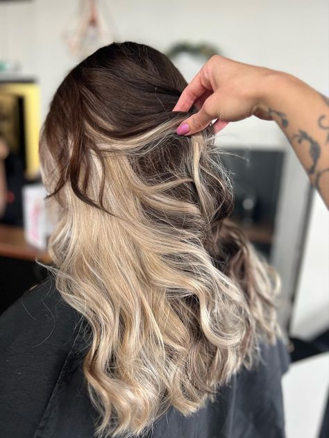 Balayage, Blonde Panels In Hair, Black On Top And Blonde On Bottom Hair, Brown Hair With Platinum Peekaboo, Blonde Under Brunette Hair, Dark Hair For Blondes, Brown On Top And Blonde On Bottom Hair, Bottom Blonde Top Brown Hair, Brunette With Blonde Halo