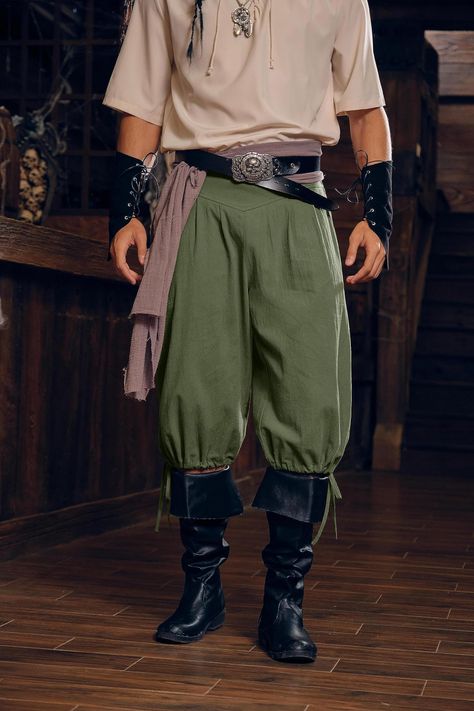 Mens pirate costume pants is made of pure cotton fabric, which is soft, loose-fit and friendly to your skin. You could feel lightweight and comfortable for free-movement when wear it. Mens ankle banded pants is a perfect match for Halloween pirate costumes, it works great to finish the pirate look. #men #costume #pant #halloween #renaissance_pirate Mens Ren Faire Outfit Pirate, Renfest Costume Men, Men Pirate Aesthetic, Pirate Outfit Simple, Pirate Pants For Men, Pirates Outfit Men, Renn Faire Costume Men, Modern Pirate Outfit Male, Men Pirate Outfit