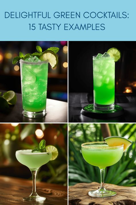 Discover 15 delicious green cocktails, including Mojito, Cucumber Cooler, Midori Sour, and more. Refreshing and delightful recipes to try for your next cocktail party. Midori Cocktails, Green Tea Cocktail, Leprechaun Cocktail, Cucumber Cooler, Green Cocktails, Midori Sour, Midori Melon, Apple Schnapps, Sour Drink