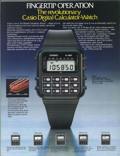 Casio's iconic C-80 calculator watch debuts. I had one! Thought I was cool!! Casio Calculator, Calculator Watch, Casio Vintage Watch, Classic Watch Women, Casio Digital, Finger Touch, Old Advertisements, Retro Watches, Luxury Watch Brands