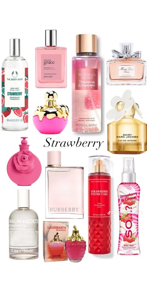 Perfume That Smells Like Strawberries, Strawberry Body Spray, Strawberry Perfume Aesthetic, Perfume Collection Fragrance Body Spray, Strawberry Scented Perfume, Best Strawberry Perfume, Strawberry Sent, Strawberry Scents, Perfume Strawberry