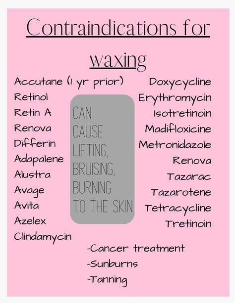 Waxing Contraindication Form for your small business! These are all the common medications clients shall not be using to make sure no lifting happens. Easy to read, print out and hang in your beauty room!! Waxing Menu Ideas, Wax Studio Aesthetic, Waxing Contraindications, Wax Specialist Photoshoot, Wax Room Setup, Esthetician Study Notes, Waxing Content, Waxing Logo, Waxing Aesthetic