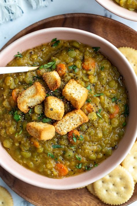 Vegan Split Pea Soup | Food with Feeling Pea Soup Crockpot, Artichoke Cups, Green Split Pea Soup, Vegan Split Pea, Split Pea Soup Crockpot, Vegetarian Split Pea Soup, Vegan Split Pea Soup, Pea Soup Recipe, Split Pea Soup Recipe