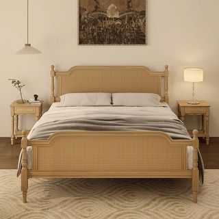 Bed Frame No Box Spring, Rattan Bed Frame, King Size Platform Bed, Rattan Bed, Rattan Headboard, Cama King Size, Queen Size Platform Bed, French Provincial Style, King Size Bed Frame