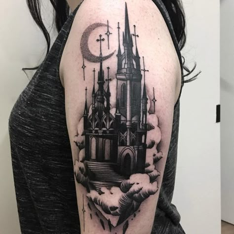 Traditional Castle Tattoo, Gothic Castle Tattoo, Gothic Traditional Tattoo, Church Tattoo, Rip Tattoos For Mom, Witchy Tattoos, Feminine Skull Tattoos, Castle Tattoo, Feminine Tattoo Sleeves