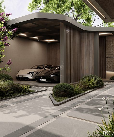 Villas Landscape Design, Villa Garage Design, Landscape Parking Design, Villa House Design Dream Homes, Exterior Garage Ideas, Vila Landscape, Home Parking Area Ideas, Luxury Villa Design Exterior, Parking Design Ideas