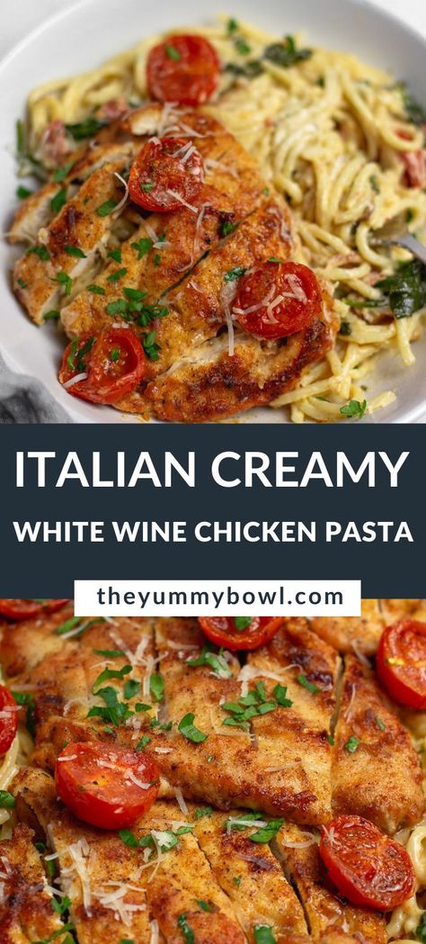 Italian Chicken Pasta in Creamy White Wine Parmesan Sauce is TO DIE FOR. It’s not only restaurant quality but also an easy one-pot pasta dish that everyone will love in your family. As soon as anyone tries it, they will want to make this recipe again and again and again… Light Italian Chicken Recipes, Italian Chicken Pasta In Creamy White Wine Parmesan Cheese Sauce, Cream Wine Sauce For Pasta, Dry White Wine Recipes, Wine Sauce Pasta Recipes, Recipes That Use White Wine, White Wine Pasta Sauce Chicken, Italian Pasta With Chicken, White Wine Dinner Recipes