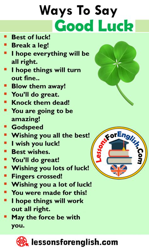 English Other Ways To Say Good Luck, English Phrases Examples Best of luck! Break a leg! I hope everything will be all right. I hope things will turn out fine.. Blow them away! You’ll do great. Knock them dead! You are going to be amazing! Godspeed Wishing you all the best! I wish you luck! Best wishes. You’ll do great! Wishing you lots of luck! Fingers crossed! Wishing you a lot of luck! You were made for this! I hope things will work out all right. May the force be with you. Ways To Say Good Luck, अंग्रेजी व्याकरण, Break A Leg, Tatabahasa Inggeris, Wish You Luck, Other Ways To Say, English Phrases Idioms, Teaching English Grammar, English Learning Spoken