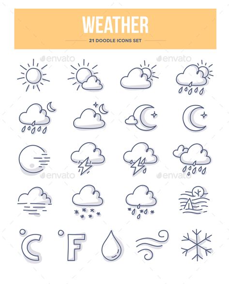 Embroidery Journal Icons, Weather Journal, Weather Doodles, Doodle Icons, Weather Crafts, Weather Icon, Planner Icons, Cloud Tattoo, Weather Icons