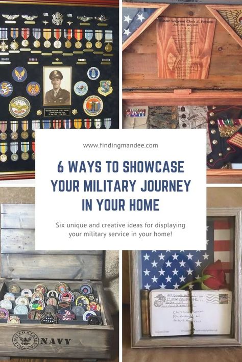 Ways to Showcase Your Military Journey in Your Home - Finding Mandee Military Wall Display, Awards Display Wall, Wedding Dress Display Ideas, Military Office Decor, Dress Display Ideas, Flag Display Ideas, Military Man Cave, Manly Office, Retirement Shadow Box