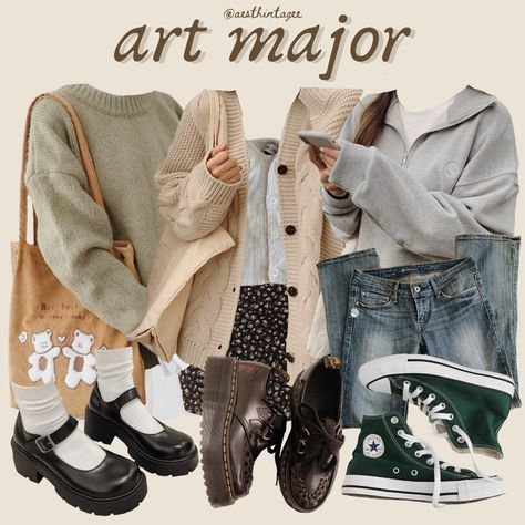 Art Major Outfit, Art Major Aesthetic Outfit, Arty Outfits Style, Mbti Style, Soft Cottagecore Outfits, Inspire Outfits, Capsule Wardrobe Women, Chaotic Academia, Art Major