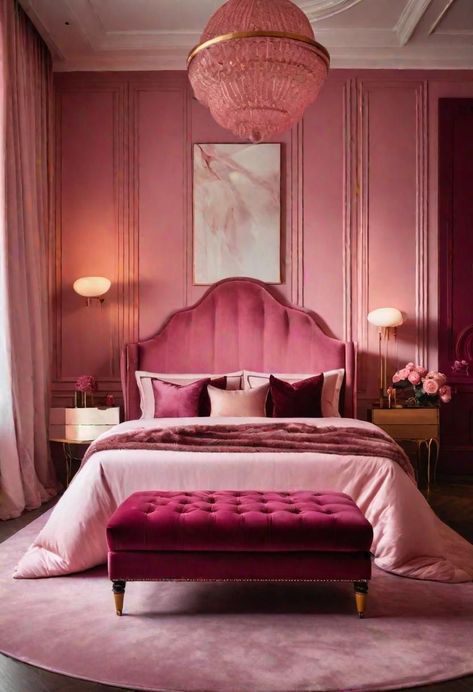 bedroom ideas | bedroom decor | bedroom furniture | bedroom wall decor | bedroom decor ideas  bedroom design bedrooms bedroom ideas for small rooms bedroom inspiration bedroom decoration bedroom inspirations bedroom inspo bedroom decorating ideas bedroom ideas for couples bedroom makeover bedroom decorating bedroom wall art bedroom light bedroom lighting bedroom ideas master bedroom idea bedroom idease bedroom art bedrooms decor Pink Luxurious Bedrooms, Luxury Bedroom Accent Wall, Pink Girly Room Decor, Monochromatic Pink Bedroom, Pink Monochromatic Room, Deep Pink Bedroom, Grown Up Pink Bedroom, Monochromatic Room Interiors, Pink Luxury Bedroom