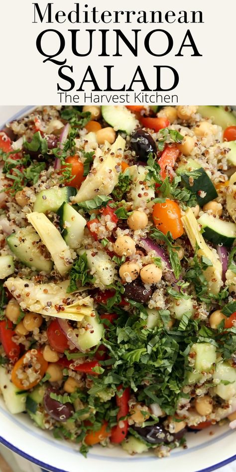 This crowd-pleasing Mediterranean Quinoa Salad (also called quinoa chickpea salad) is my favorite cold quinoa salad recipe to make! It’s loaded with healthy ingredients and classic mediterranean flavors. Quinoa Salad Recipes Cold, Cold Quinoa Salad, Quinoa Chickpea Salad, Mediterranean Recipes Healthy, Quinoa Recipes Healthy, Mediterranean Quinoa, Mediterranean Diet Recipes Dinners, Quinoa Salad Recipe, Mediterranean Quinoa Salad