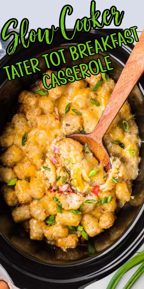 Slow cooker Breakfast Tater Tot Casserole recipe with ham is a hearty, cheesy delight - perfect for family brunches and busy mornings. Tater Tot Breakfast Casserole Recipe, Crockpot Pancake Casserole, Best Easy Breakfast Casserole, Potluck Breakfast Ideas Crock Pots, Biscuit Crockpot Recipes, Eggs In Slow Cooker, Thanksgiving Breakfast Ideas Crock Pot, Tater Tot Breakfast Casserole Crock Pot, Crockpot Breakfast Casserole Tater Tots