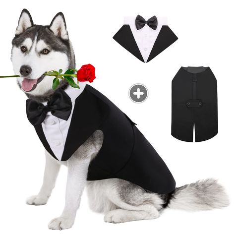 AOFITEE Dog Tuxedo Formal Dog Suit and Bandana Set, Gentle Dog Wedding Party Suit Bow Tie Shirt Vest, Pet Tuxedo Costume Outfit with Detachable Bowtie Collar for Christmas Halloween Dress Up (As an Amazon Associate I earn from qualifying purchases) Dog Tux, Formal Dog, Silly Kitties, Large Dog Clothes, Mini Pinscher, Dog Tuxedo, Dog Suit, Dog Business, Bow Shirt