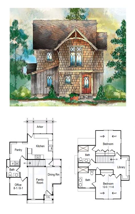 These are the changes I would make to this charming little plan. I need the kitchen in the back to open up to the garden. Since I would live here rather than using it for holidays, I would need bigger bedrooms. The downstairs rooms would become a pantry and an office, and the upstairs rooms would be roomier bathrooms. I would close in the vaulted ceiling for a second bedroom. With the office downstairs, I wouldn’t need a desk in the library area, leaving room for bookshelves and a window seat. Cottage Flooring, Witches Cottage, Dream Cabin, Two Story House Plans, Two Story House, Sims 4 House Plans, Leaving Room, Vintage House Plans, Sims 4 House Design