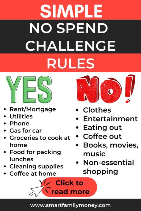 Are you ready to start a no spend challenge? Want some simple no spend challenge rules to get you started? Click to read more details! No Spend Rules, Budget System, Budgeting Ideas, Loan Payoff, No Spend, No Spend Challenge, Organization Lists, Family Money, Money Frugal