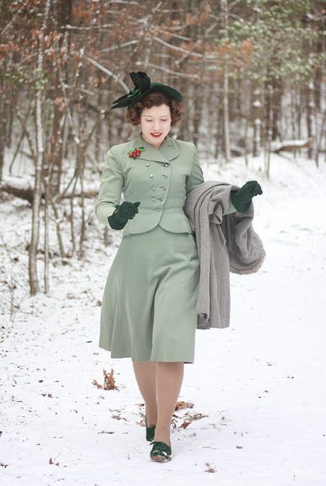 Cherries in the Snow – Polka Polish Early 1940s Fashion, Green Suit Dress, Suit Dress Outfit, 1940s Winter Fashion, Sage Suit, Cherries In The Snow, 40s Mode, Vintage Fashion Style, 1940s Outfits