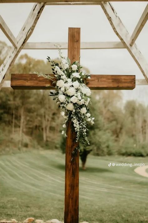 Cross At End Of Aisle, Wood Cross Wedding Ceremony, Cross Arch Wedding, Alter Cross For Wedding, Cross At Wedding Ceremony, Cross Wedding Backdrop Outdoor Ceremony, Wedding Cross Backdrop, Cross Decorations For Wedding, Cross Backdrop Wedding