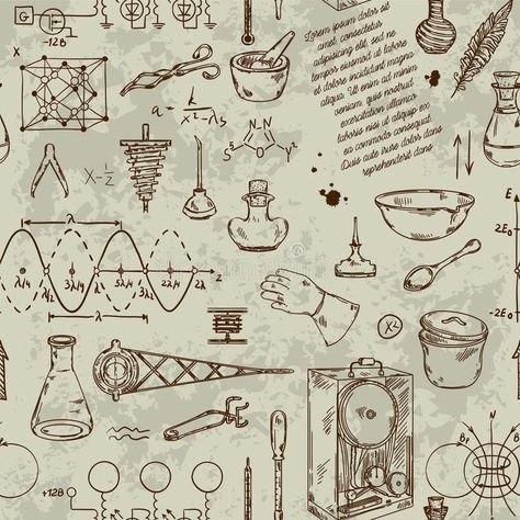 Seamless pattern with vintage science objects. Scientific equipment for physics and chemistry. Vector illustration stock illustration Microscope Diagram, Laboratory Illustration, Vintage Laboratory, Physics And Chemistry, Science Diagrams, Chemistry Posters, Science Symbols, Scientific Drawing, Sketch Box