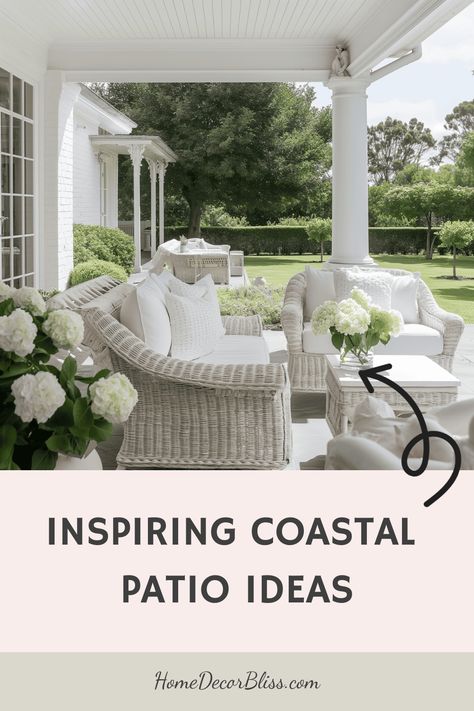 Coastal patio with wicker furniture and white cushions, surrounded by lush greenery. Text overlay: "Inspiring Coastal Patio Ideas". Serena And Lily Outdoor Patio, Coastal Balcony Ideas, Coastal Patio Ideas, Lanai Decorating Ideas, Lanai Decorating, Breezy Aesthetic, Coastal Color Scheme, Coastal Patio, Spacious Backyard