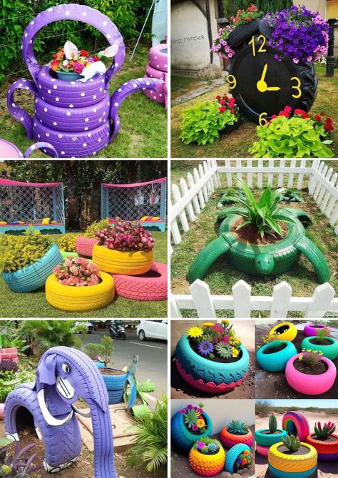 Garden Ideas Using Old Tires, Repurposed Tire, Reuse Old Tires, Tire Craft, Tire Furniture, Tire Garden, Tire Planters, Tire Art, Ramadan Decoration