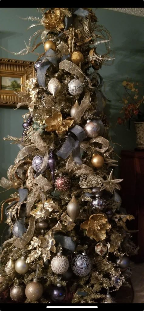 Pink Green Blue Christmas Tree Decorating Ideas, Elaborate Christmas Trees, Antique Gold Christmas Tree, Ornate Christmas Tree, Raz Christmas Trees 2023, Mixed Metals Christmas Tree, Copper Christmas Tree Color Schemes, Masculine Christmas Tree, French Country Christmas Tree