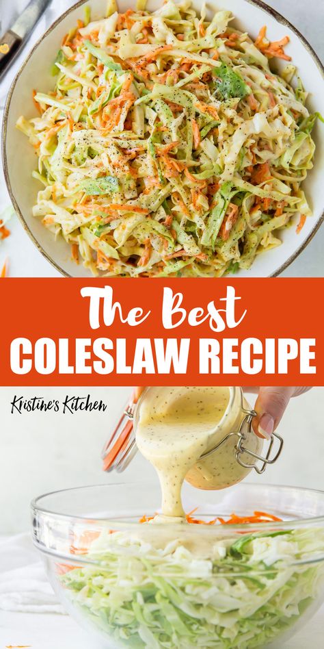 Easy Coleslaw Recipe with the best creamy homemade coleslaw dressing! It's so quick to make from scratch or with store bought coleslaw mix. Serve it as a topping for pulled pork or enjoy as a side dish! Coleslaw Recipe For Bbq Chicken, Coleslaw Recipe For Chicken Sandwich, Coleslaw For Chicken Sandwich, Summer Coleslaw Recipe, Slaw For Pulled Pork, Coslaw Recipes, Chicken And Coleslaw, Homemade Coleslaw Recipe, Easy Coleslaw Recipe