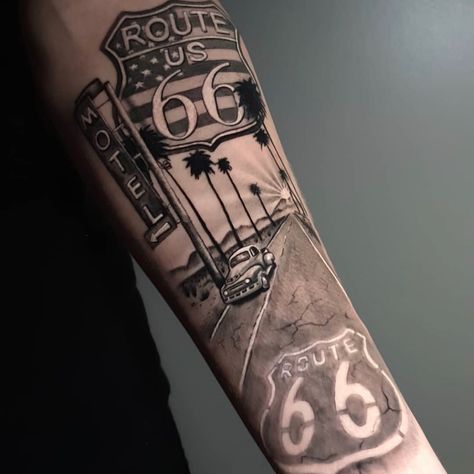 Car Theme Tattoos, Street Tattoo Design, Car Style Tattoo, Car Themed Tattoo Sleeve, Street Life Tattoo, Old School Car Tattoo, Usa Tattoo Ideas, Classic Car Tattoo Ideas, Street Tattoos For Men