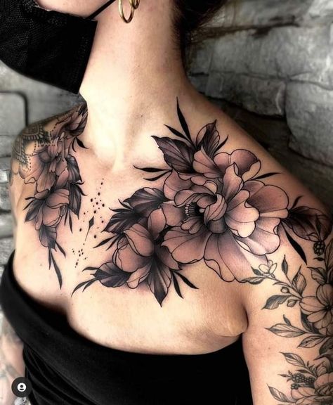 Chest Tattoo Cover Up, Chest Tattoo Designs Female, Chest Tattoo Female Upper, Chest Neck Tattoo, Tattoo Aesthetics, Full Chest Tattoos, Neck Art, Peony Tattoo, Throat Tattoo