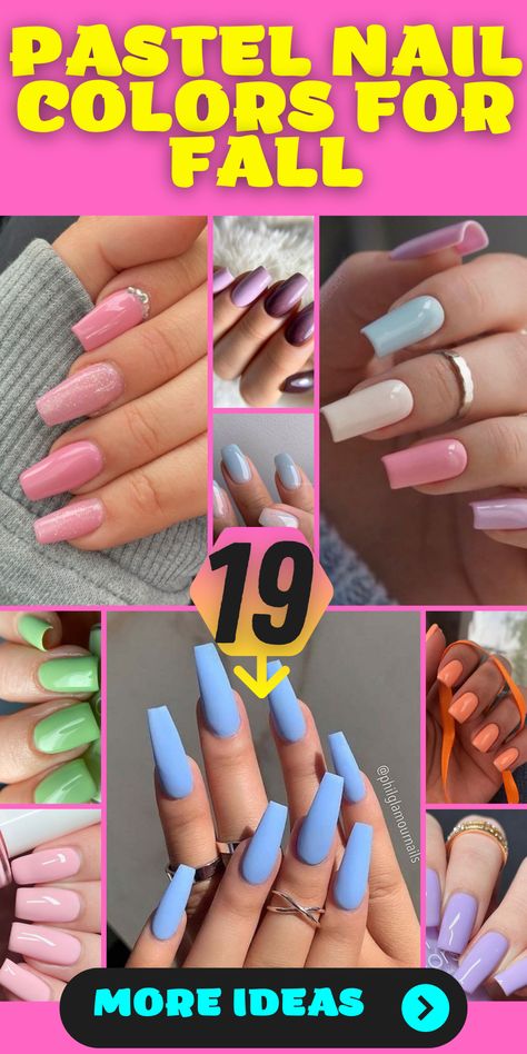 Fall Nails Pastel, Pastel Pumpkin Nails, Pastel Nail Colors Fall, Pastel Nails All Different Colors, Fall Pastel Nails, Pastel Fall Nails, Multi Colored Pastel Nails, Powder Blue Nails, Pastel Color Nails