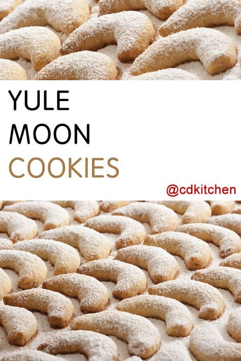 A classic Christmas cookie in the shape of a crescent moon. Sprinkle with powdered sugar or ice with the included recipe for vanilla glaze. | CDKitchen.com Winter Solstice Baking, Winter Solstice Cookies, Winter Solstice Food Ideas, Winter Solstice Desserts, Yule Baking Recipes, Imbolc Desserts, Yule Recipes Winter Solstice, Traditional Yule Recipes, Yule Recipes Pagan