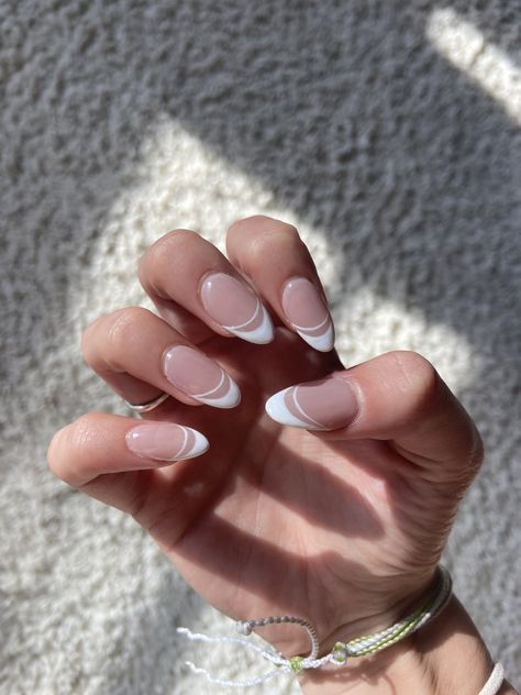 Sparkle White Tip Nails, Nails For White Dress Prom, French Tip W Line Under, White French Tip Nails Double Line, White Line French Tip Nails, French Tip Nails Lines, French Tip Nails Two Lines, French Nails Two Lines, White French Tip With Pink Line Under