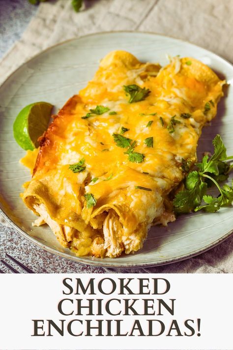 These smoked chicken enchiladas with green chili sauce are so easy to make, and they are a great way to use leftover smoked chicken. The beauty of this recipe is that you can bake these enchiladas in your oven or pellet smoker. Simply delicious! Leftover Smoked Chicken, Green Enchilada Recipe, Smoked Chicken Recipes, Green Chicken Enchiladas, Enchiladas Healthy, Enchilada Ingredients, Green Chicken, Green Enchilada Sauce, Chicken Enchilada Recipe