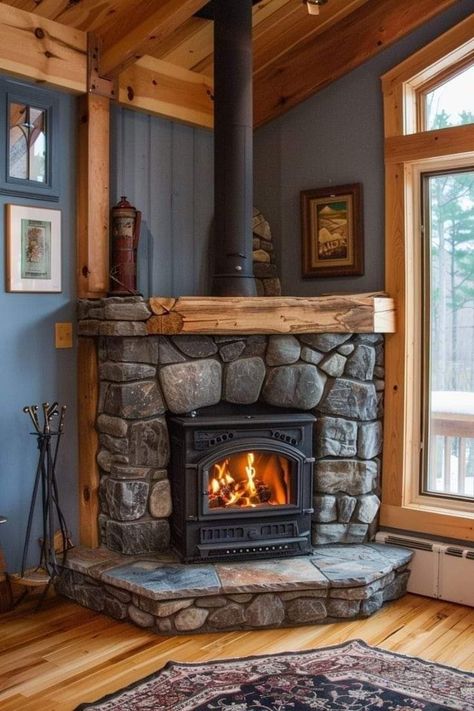 Corner Fireplace With Woodstove, Corner Wood Stove Surround Ideas, Wood Burning Stove Ideas, Wood Burning Stove Corner, Corner Wood Stove, Wood Stove Surround, Wood Stove Hearth, Wood Burning Stoves Living Room, Corner Fireplace Ideas