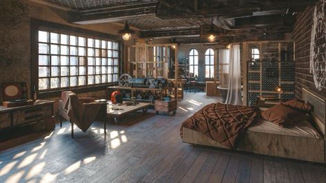 Warehouse Loft Bedroom, Artists Loft Apartment, Old Loft Apartment, Loft Two Bedrooms, Industrail Loft, New York Apartment Interior Loft Style, Dark Loft Apartment, Nyc Loft Aesthetic, Cozy Loft Ideas