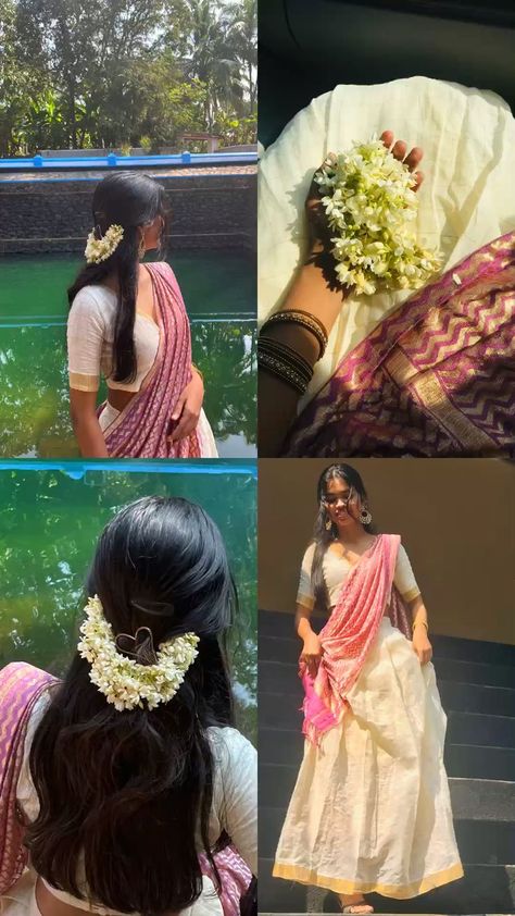 Onam Traditional Look, New Onam Outfits, Muslim Onam Outfits Ideas, Onam Saree Poses At Home, Onam Saree Pose Ideas, Onam Aesthetic Photos, Traditional Desi Outfits, Vrindavan Saree Look, Poses Traditional Wear