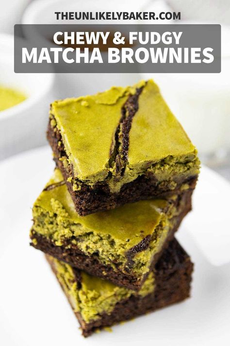 Matcha brownies are your favourite chocolate brownies complemented by the delicious, earthy taste of matcha. They’re chewy, fudgy and chocolatey, just the way you like them! They’re so easy to make too. Click for the easy no-fail recipe. Unique Brownies, Matcha Brownies Recipes, Easy Matcha Desserts, Strawberry Matcha Brownies, Matcha Cheesecake Brownies, Matcha Mochi Brownies, Healthy Baking Alternatives, Sugar Free Pastries, Matcha Brownies