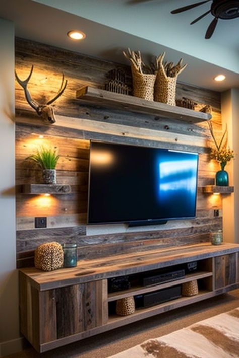 Shelving Around Wall Mounted Tv, Loft Tv Room Ideas, Rustic Tv Wall, Classy Living Room, Wooden Sofa Set Designs, House Interior Design Styles, Living Room Decor Fireplace, Accent Walls In Living Room, Rustic Living Room