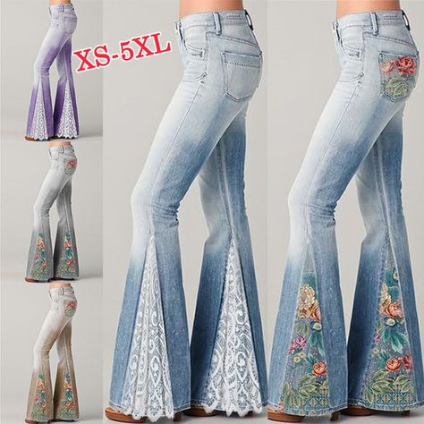 New Fashion Women Chic Lace/Floral Printed High Waist Bell Bottom Pants Elegant Spliced Broad Feet Trousers Casual Loose Gradient Print Long Jeans Pants Elegant, Lace Jeans, Printed Flare Pants, Gradient Print, Trousers Casual, Denim Crafts, Jeans Diy, Long Jeans, Denim And Lace