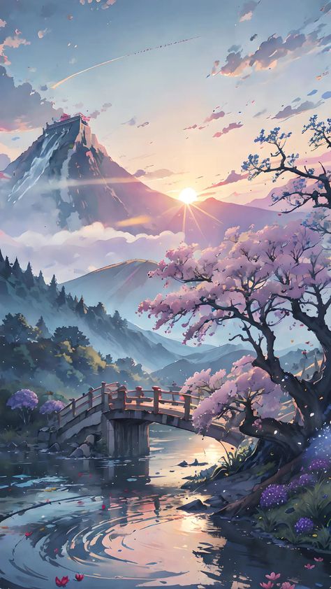 Cherry Blossom Trees, Dreamy Artwork, Japon Illustration, Pretty Landscapes, Art Gallery Wallpaper, Cool Wallpapers Art, Fantasy Art Landscapes, Blossom Trees, 판타지 아트